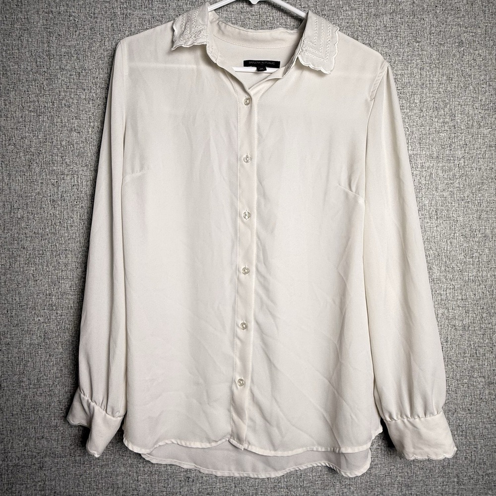 J. Crew Ivory Bone Embroidered Collar Cuffs Long Sleeve Dress Shirt MEDIUM‎